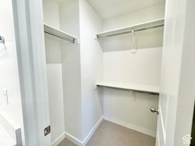 Built-in shelving with hanging rods and neutral carpeting