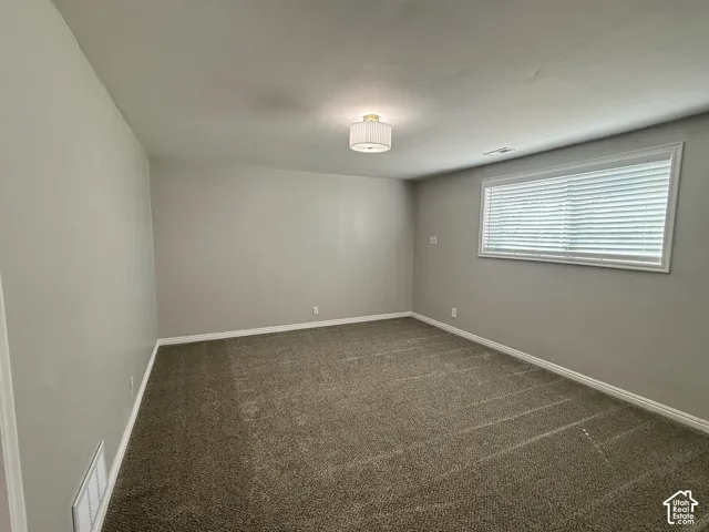Neutral wall paint, plush carpet flooring, white trim, window with blinds.