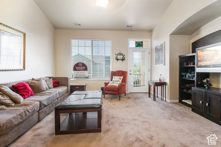 Carpeted living area with a large window, white blinds, a built-in entertainment center, and an arched entryway