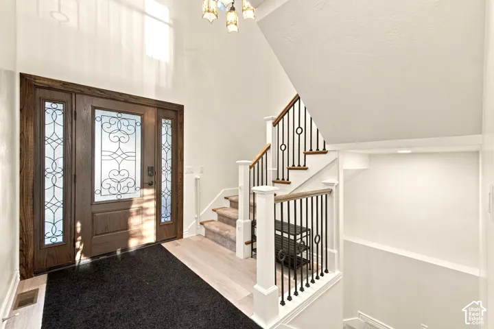 Wood-finish entry door with decorative glass sidelights, light wood-finish flooring, and a chandelier with glass shades