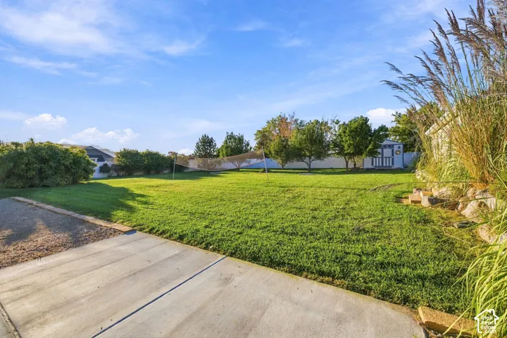 Expansive green lawn with a concrete patio