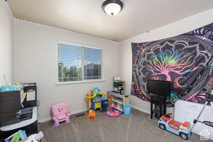 Recessed window with horizontal blinds, overhead flush mount lighting, and carpeted flooring