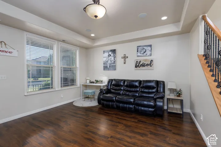 Wood-finish flooring, recessed lighting, and a tray ceiling