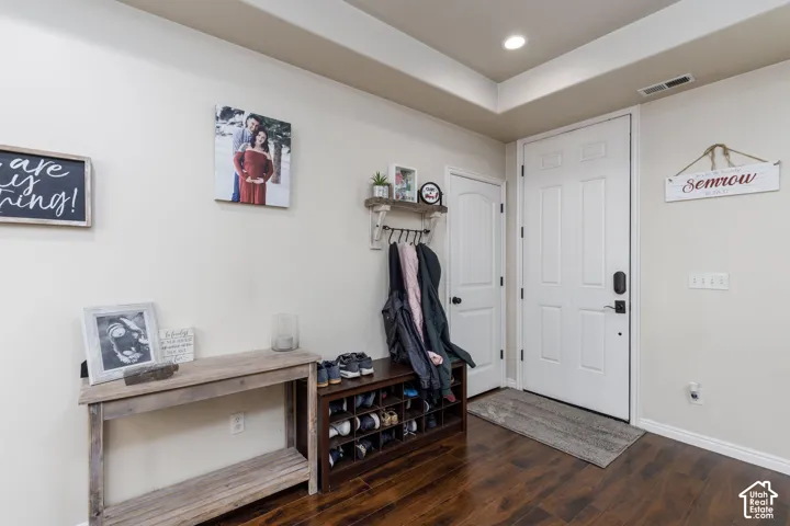 Hardwood-finish flooring, recessed lighting, tray ceiling, and a paneled entry door