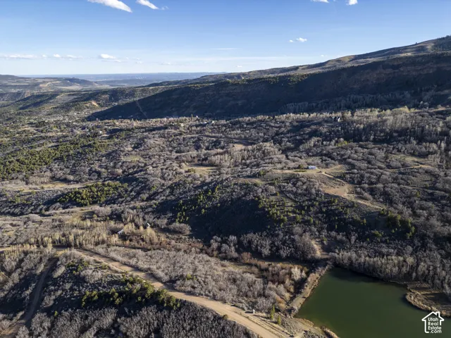 Expansive mountainous terrain with a natural water feature, established trees, and undeveloped land