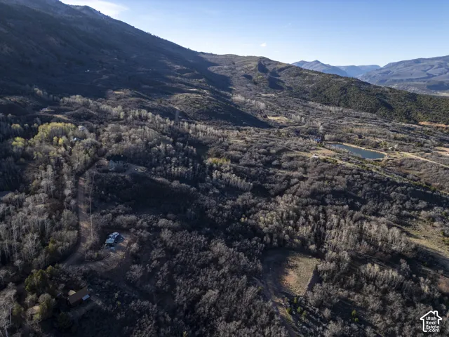 Expansive mountainous terrain featuring dense forests, a distant body of water, and natural clearings