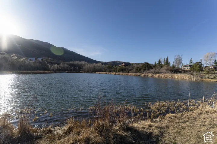 Expansive lake with a natural shoreline and surrounding vegetation, set against a mountainous backdrop