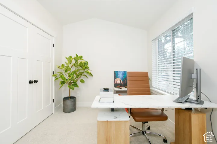 Window with privacy blinds, light-colored carpeting, two-panel interior doors with black hardware, and a vaulted ceiling