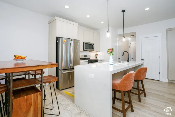 Kitchen featuring stainless steel appliances, light wood-finish cabinetry, a large center island with a sink, and pendant lighting