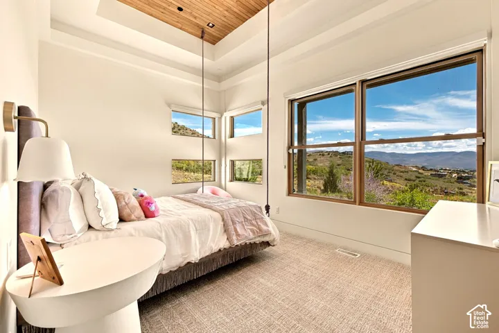 Spacious room featuring multiple large windows, wood-finish window frames, textured carpeting, and a wood-paneled ceiling accent