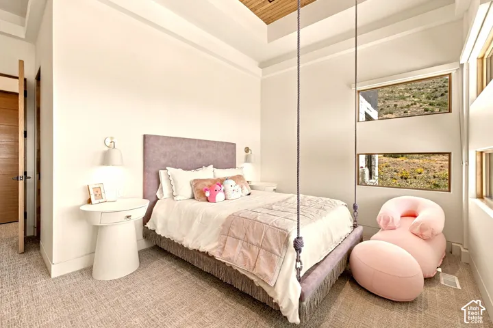 Tray ceiling with wood-finish accent paneling, paired with recessed lighting