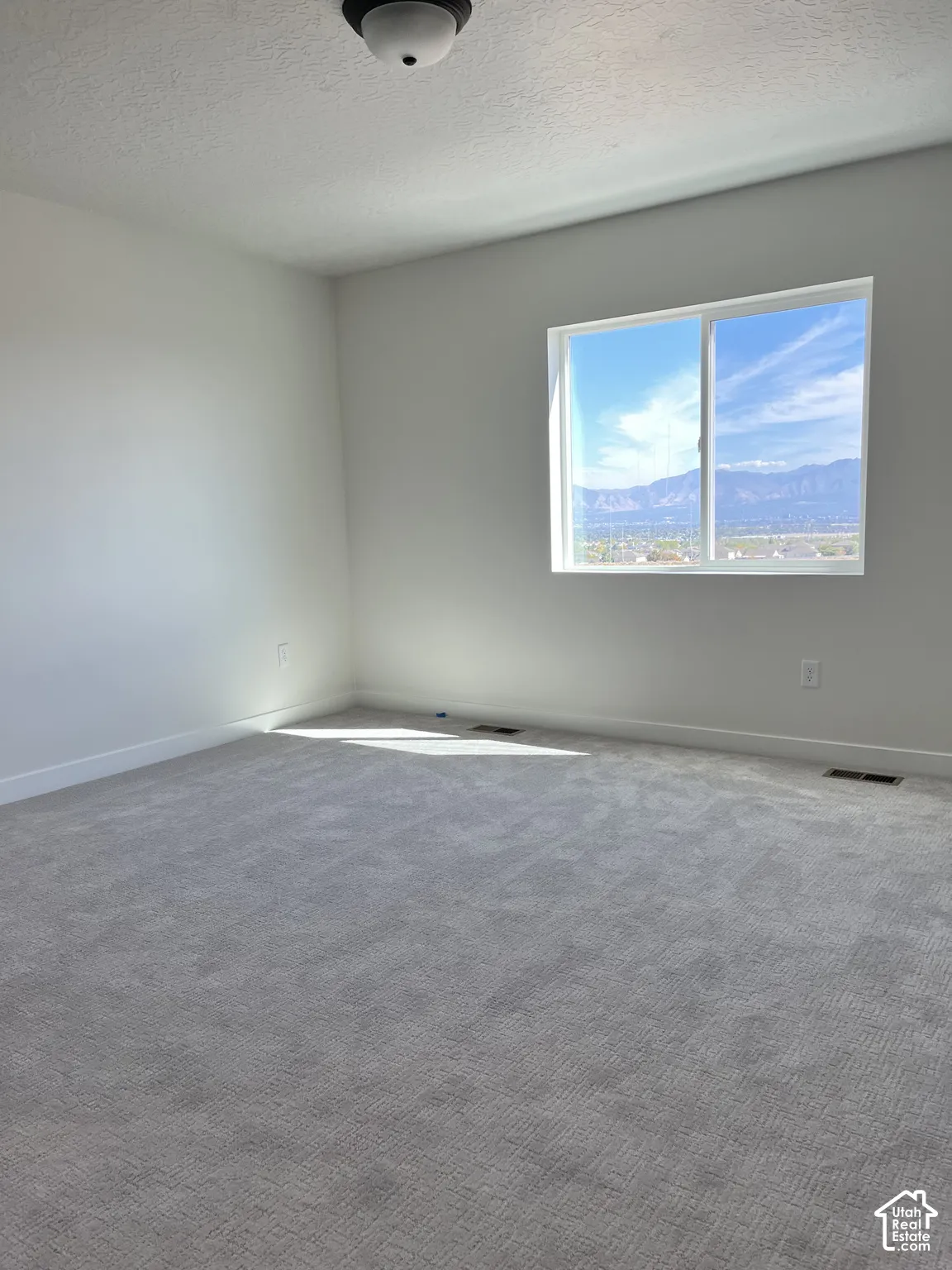 Light gray wall paint, recessed lighting fixture, double-pane window, wall-to-wall carpeting, white trim