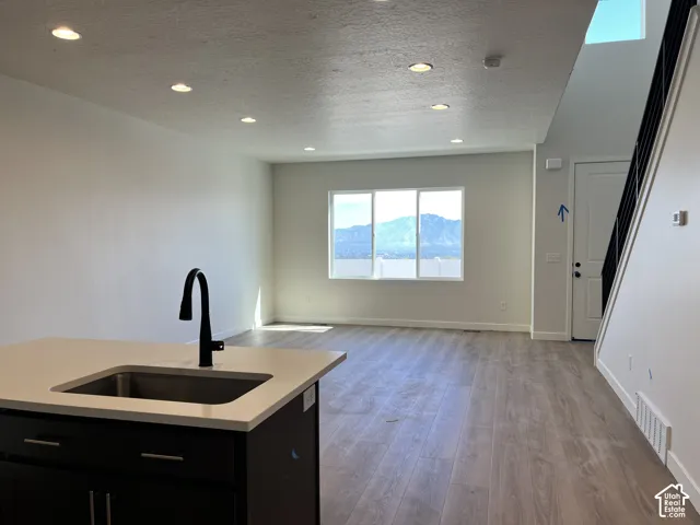 Recessed ceiling lighting, wood-finish flooring, island with integrated sink, black cabinet hardware, and mountain scenery