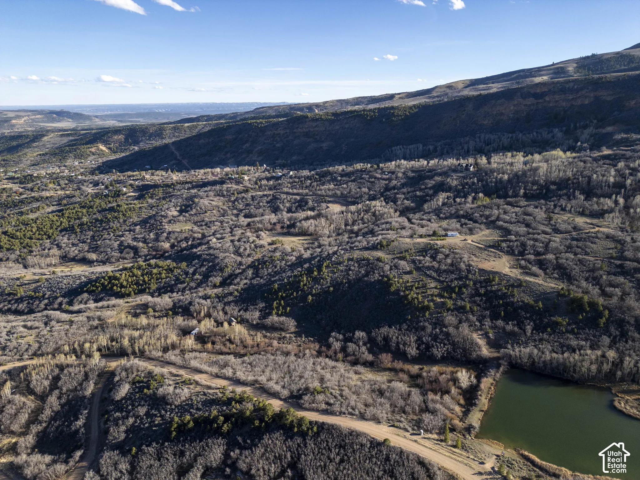 Expansive natural landscape with varied tree coverage, a natural body of water, and distant mountain ranges