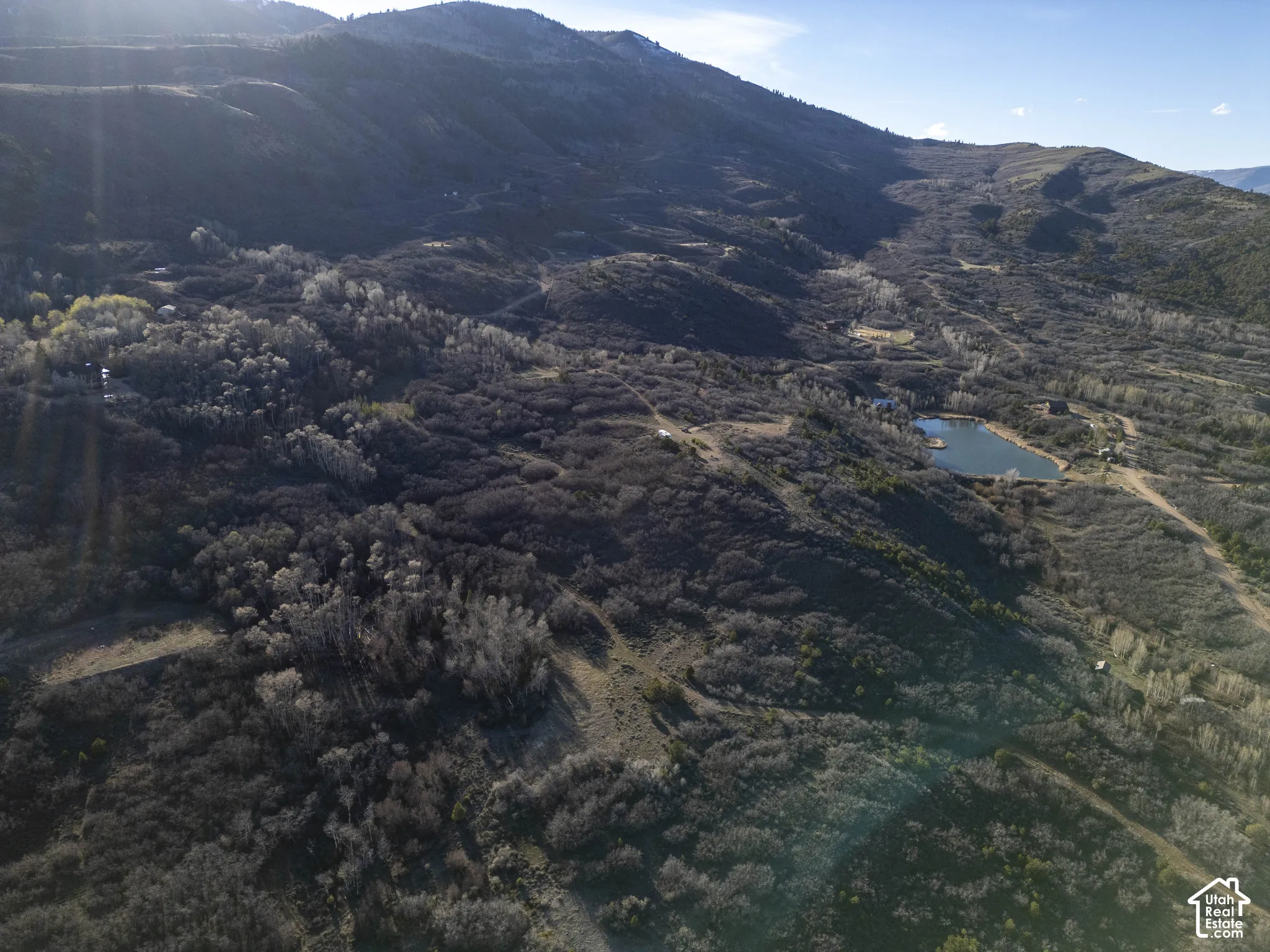Expansive mountain property featuring a natural lake, numerous mature trees, and unpaved access roads