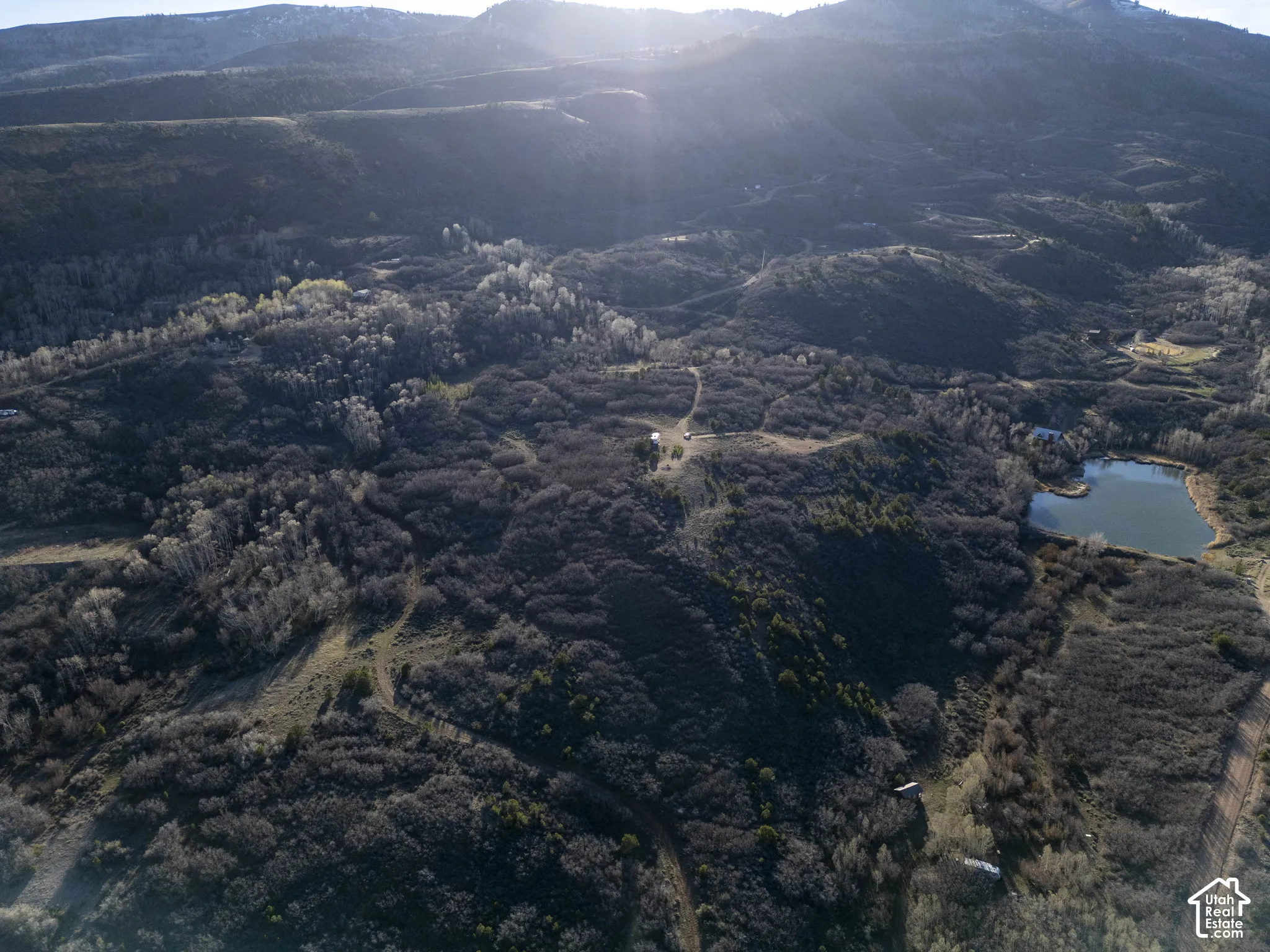 Expansive natural landscape featuring rolling hills, varied tree cover, and a prominent body of water