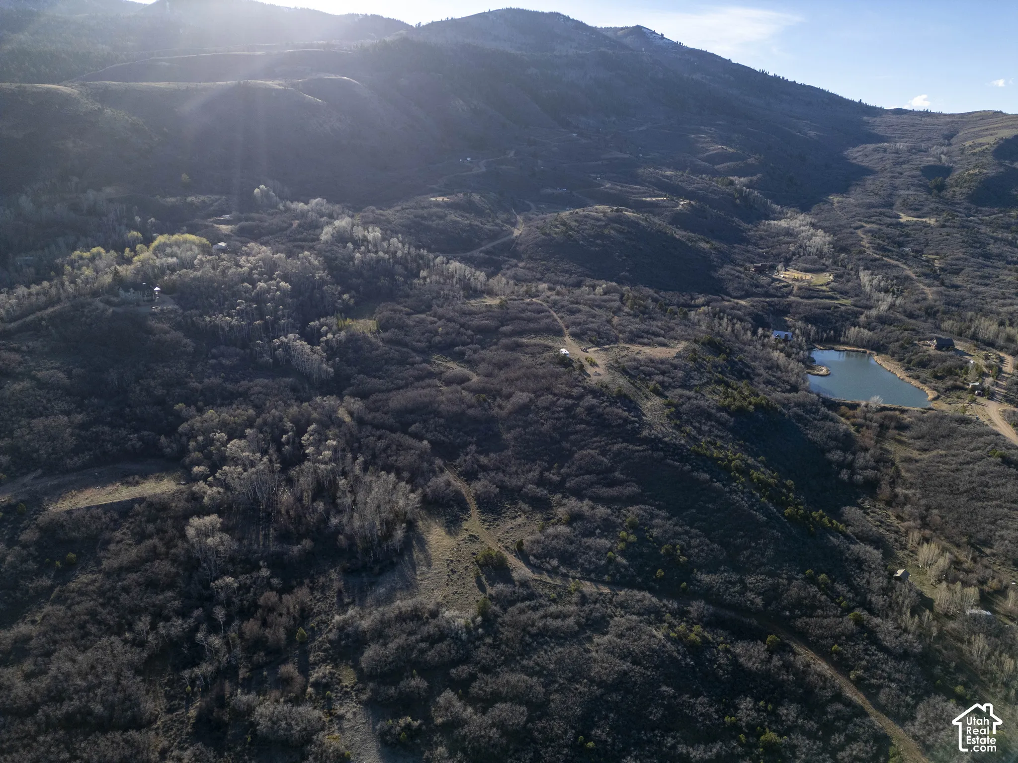 Expansive mountain landscape featuring varied terrain, numerous trees, and a visible body of water