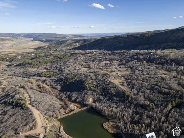 Expansive natural landscape featuring a body of water, extensive tree cover, and distant mountain formations