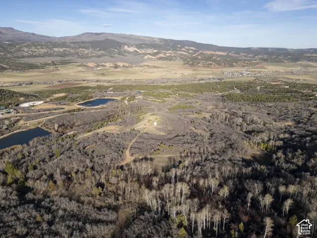 Mountainous terrain with natural bodies of water, extensive tree coverage, and an unpaved road