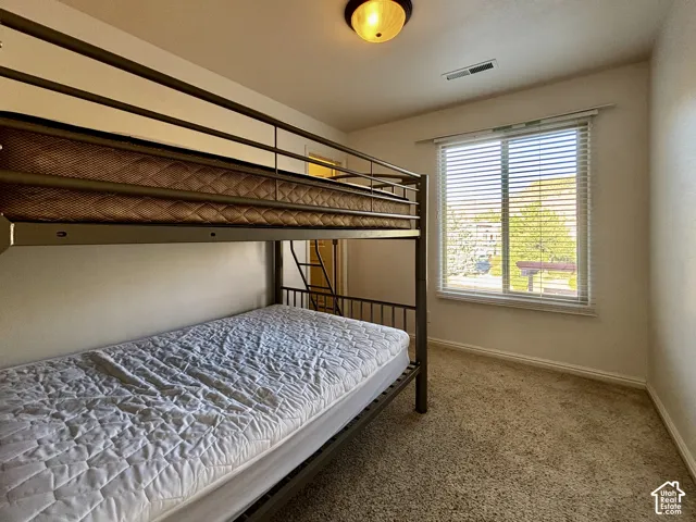 Wall-to-wall carpeting with a neutral finish, white window blinds, and a flush mount ceiling light fixture