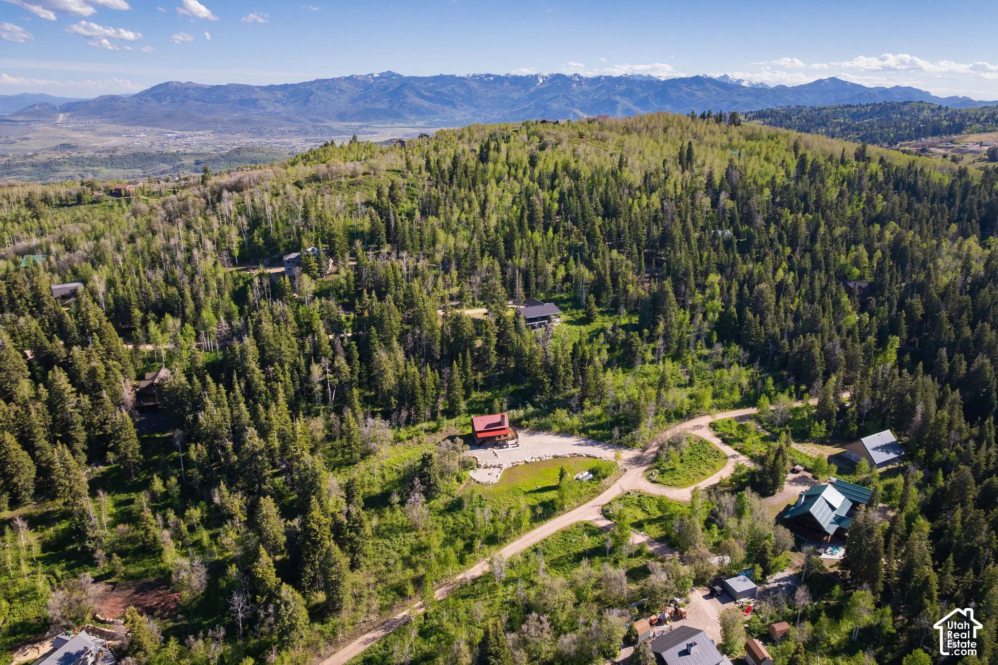 Expansive treed terrain with multiple residential structures and visible mountain ranges