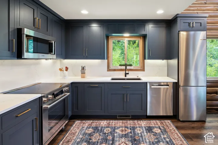 Kitchen featuring dark blue cabinetry, white countertops, stainless steel appliances, and wood-finish flooring