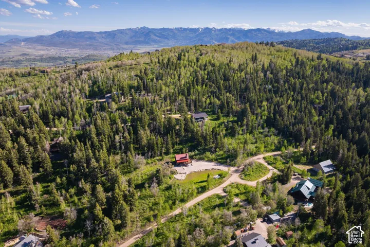 Expansive treed terrain with multiple residential structures and visible mountain ranges