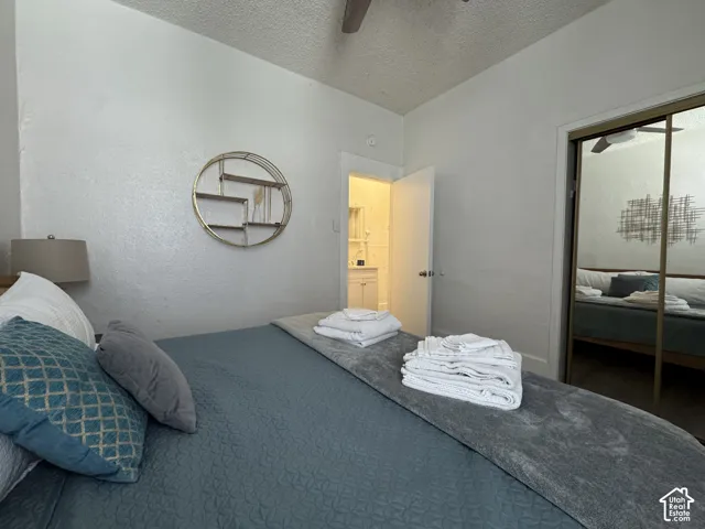 Mirrored sliding closet doors and overhead ceiling fan