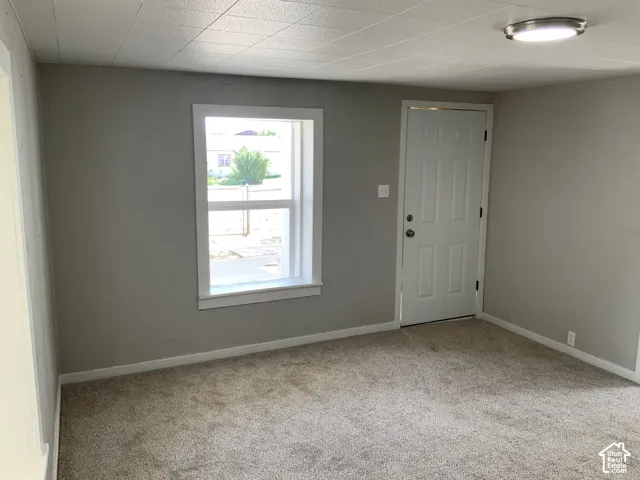 Neutral tone wall paint with white trim, single pane window, flush mount ceiling light, and light-colored carpet flooring