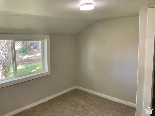 Wall-to-wall carpeting, neutral wall finishes, window with outdoor scenery, ceiling-mounted light fixture, and white trim