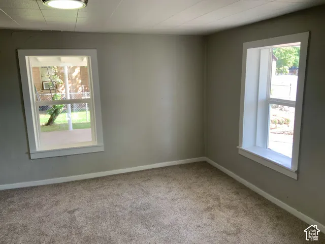 Carpeted flooring, neutral wall paint, two windows with white trim, and a flush mount ceiling light