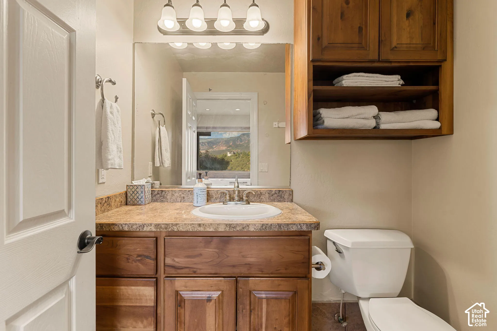 Vanity with a single basin sink, wood cabinetry, and a light-toned countertop
