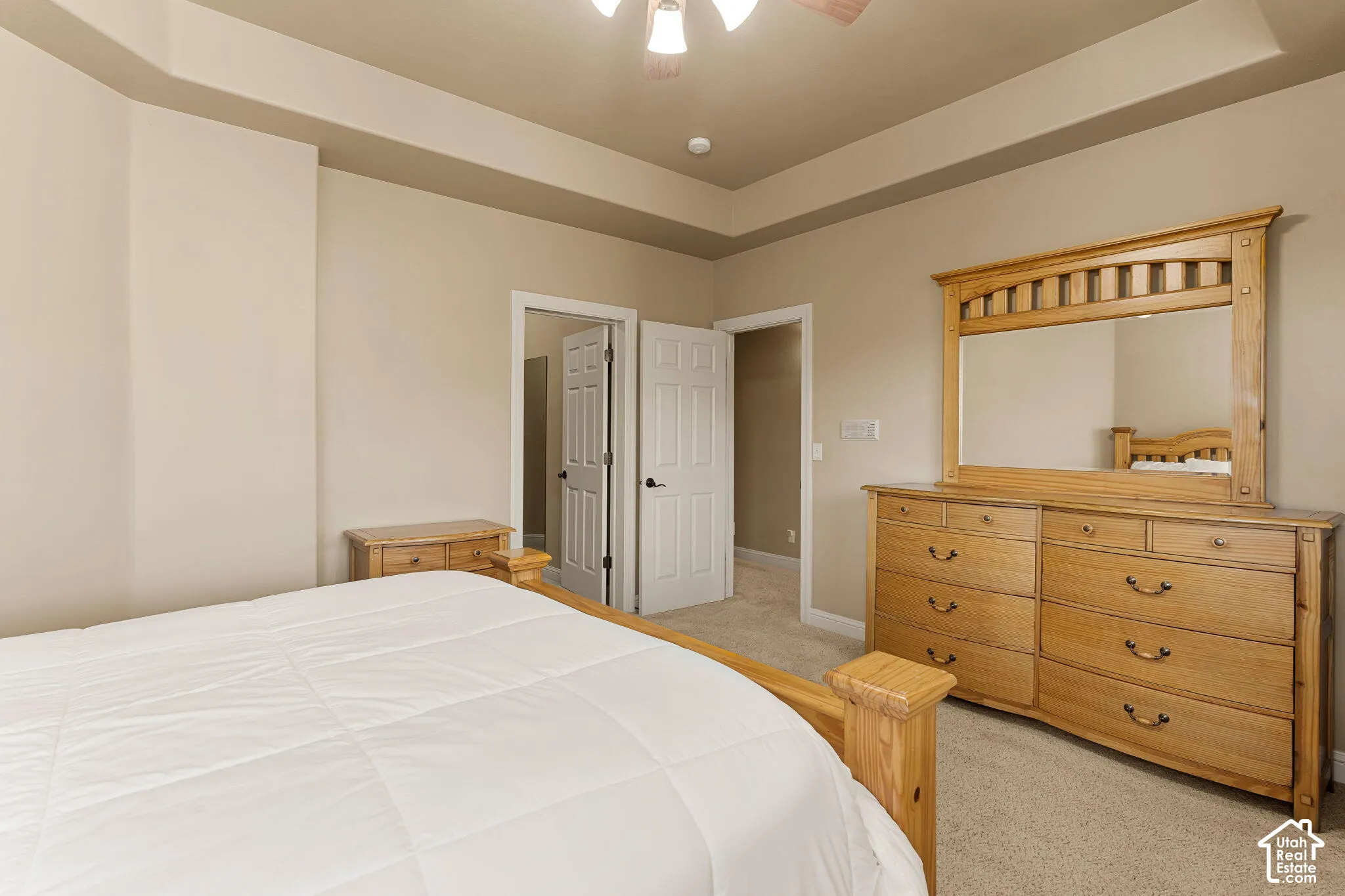 Tray ceiling with integrated lighting, neutral wall tones, and carpeted flooring