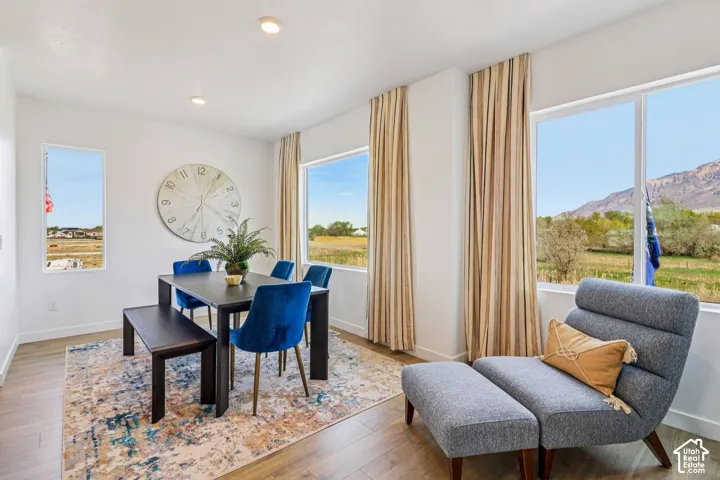Recessed ceiling lighting, wood-finish flooring, multiple windows, and extensive natural light