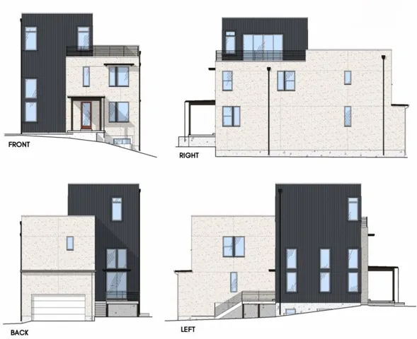 Architectural Drawings. Illustrating the exterior elevations of the property from multiple perspectives