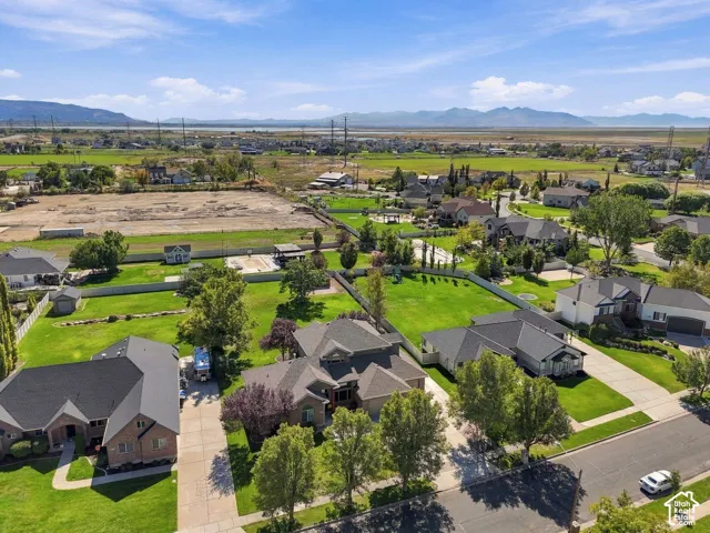 Expansive green space bordered by fencing, mature trees, and a paved driveway