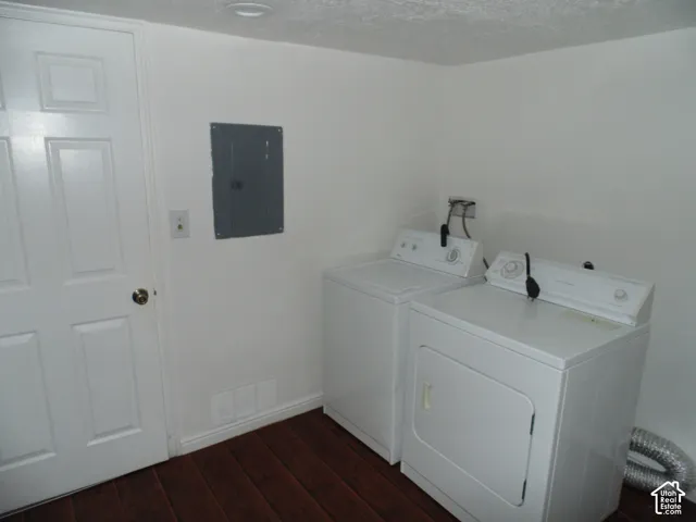 Laundry area featuring a washer and dryer, wood-finish flooring, and a paneled door