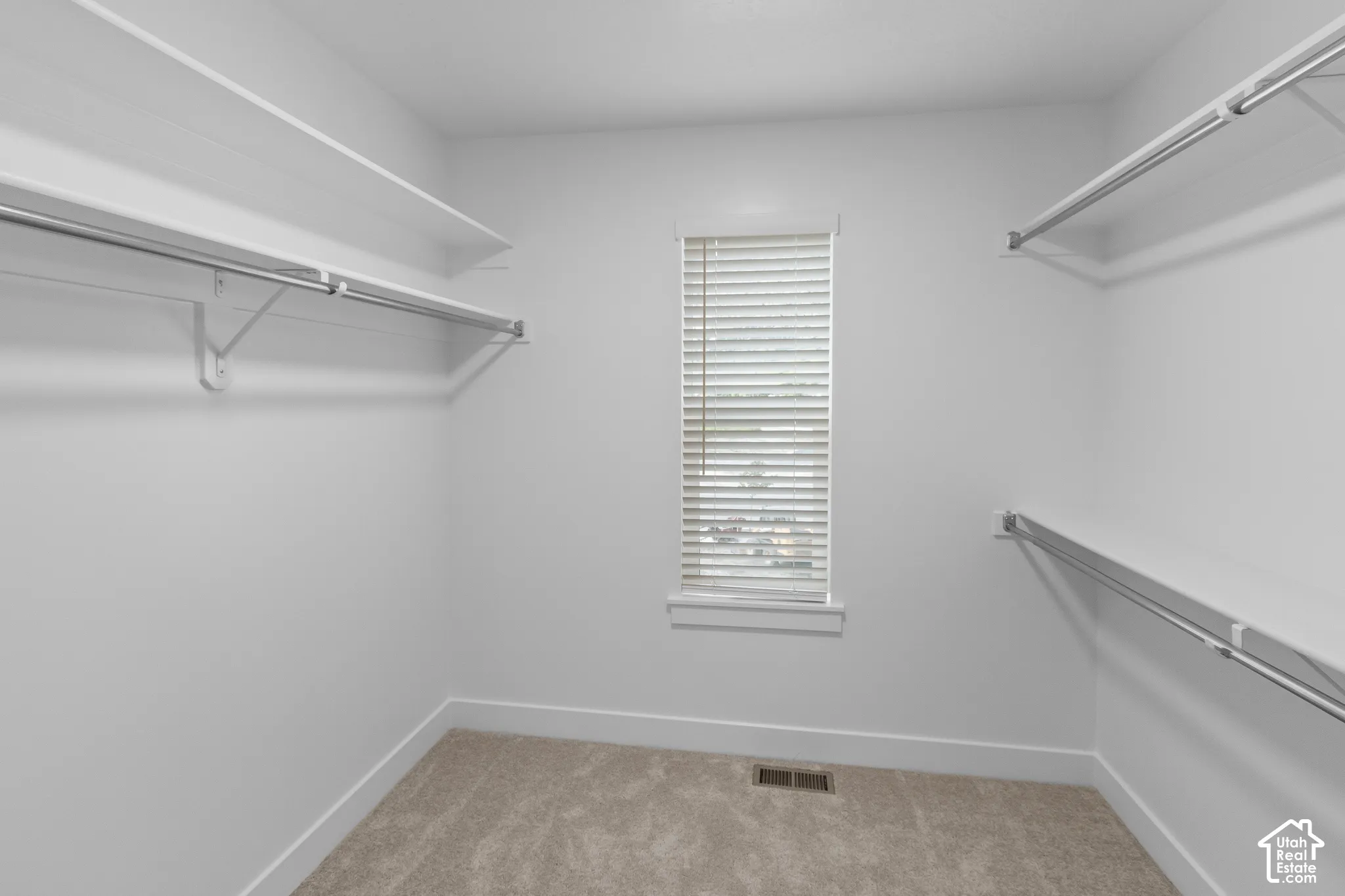 Walk-in closet with carpet flooring, window with blinds, and built-in shelving and hanging rods