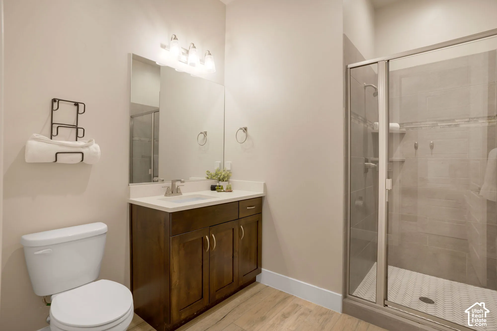 Wood-finish flooring with a glass-enclosed shower, featuring a single-sink vanity with a light-toned countertop and a flush-mounted mirror