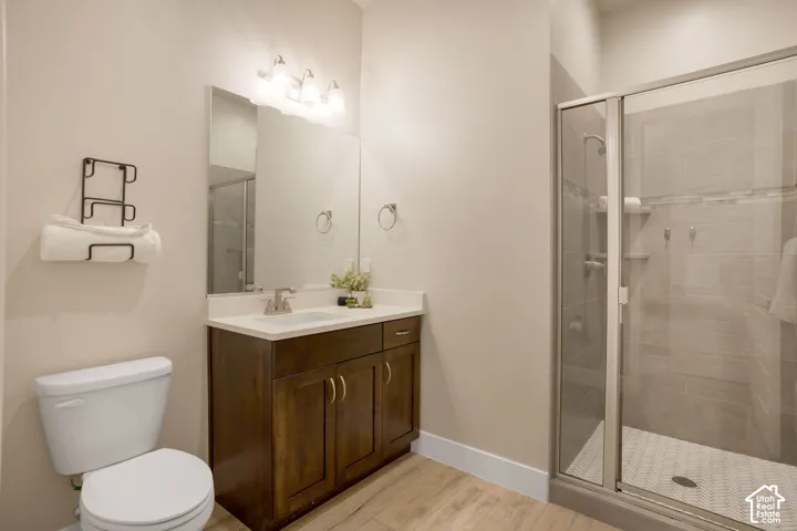 Wood-finish flooring with a glass-enclosed shower, featuring a single-sink vanity with a light-toned countertop and a flush-mounted mirror