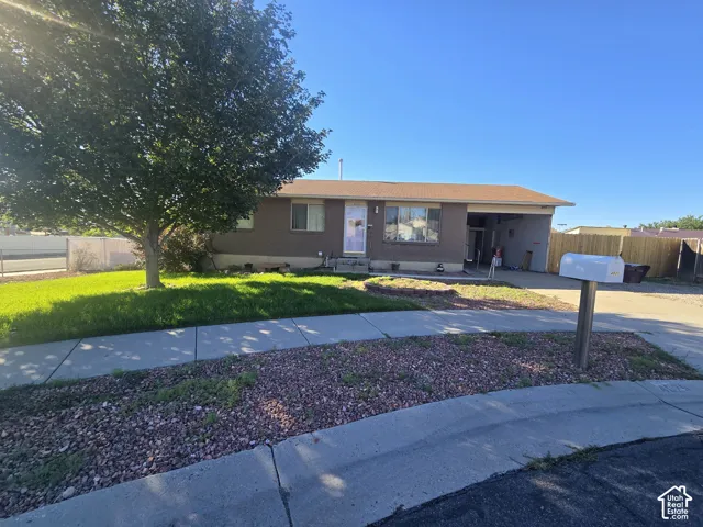 Paved driveway with an attached carport, front yard with mature tree, and a sidewalk