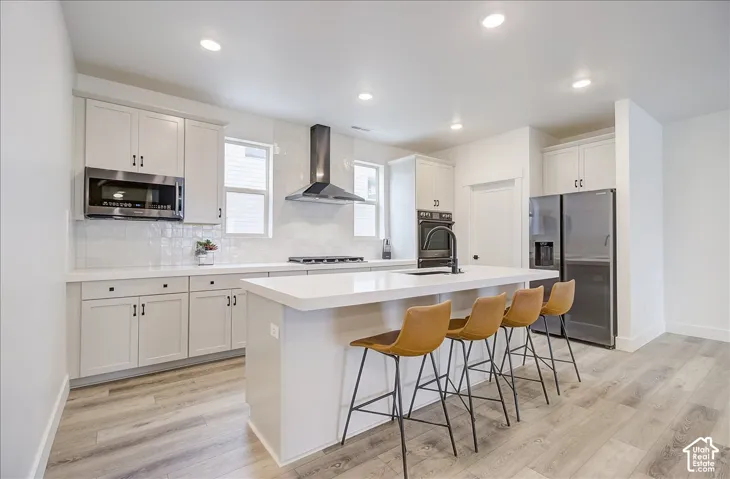 White cabinetry with black hardware, white countertops, stainless steel appliances, wood-finish flooring, and recessed lighting