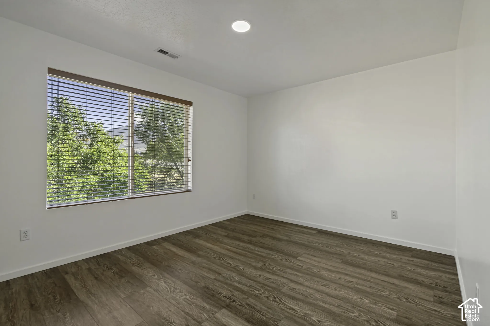 Wood-finish flooring, recessed lighting, and a window with blinds