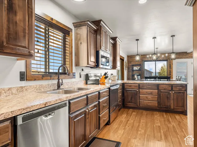 Kitchen featuring wood-finish flooring, dark wood cabinetry, a double basin sink, stainless steel appliances, and a central island with pendant lighting