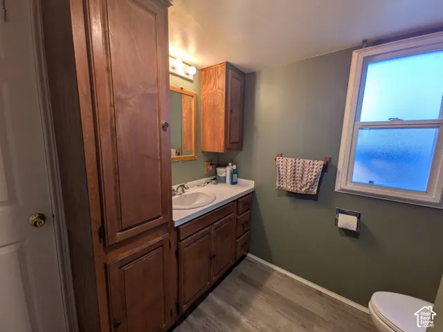 Wood-finish flooring, single-pane window, integrated sink, vanity mirror, and wood cabinetry