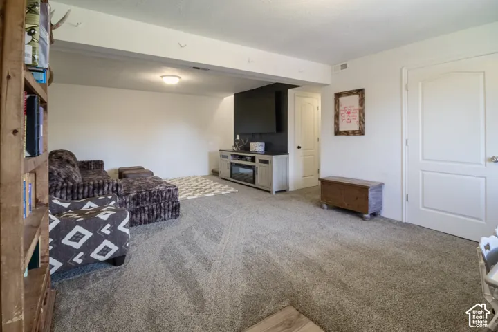 Carpeted flooring, white walls, and a built-in media console with a dark accent wall