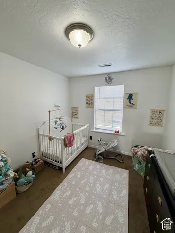 Carpeted room featuring a single window with blinds and a flush mount ceiling light fixture