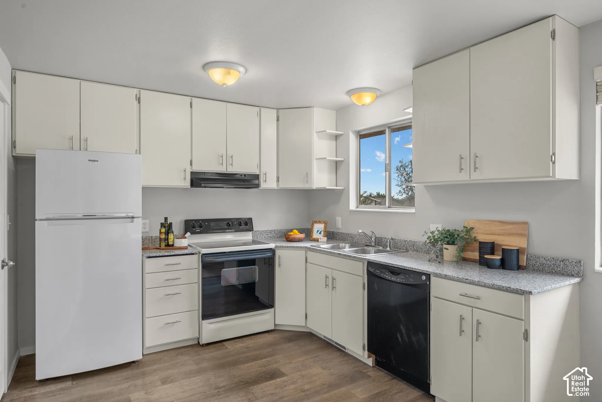 Kitchen featuring white cabinetry, gray speckled countertops, a double-basin sink, and wood-finish flooring
