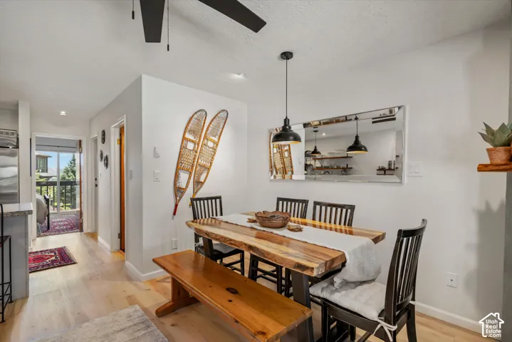 Light wood-finish flooring complements the interior wall color