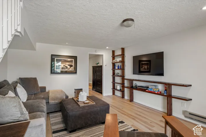 Light wood-finish flooring, built-in shelving, mounted flat-screen panel, and recessed lighting